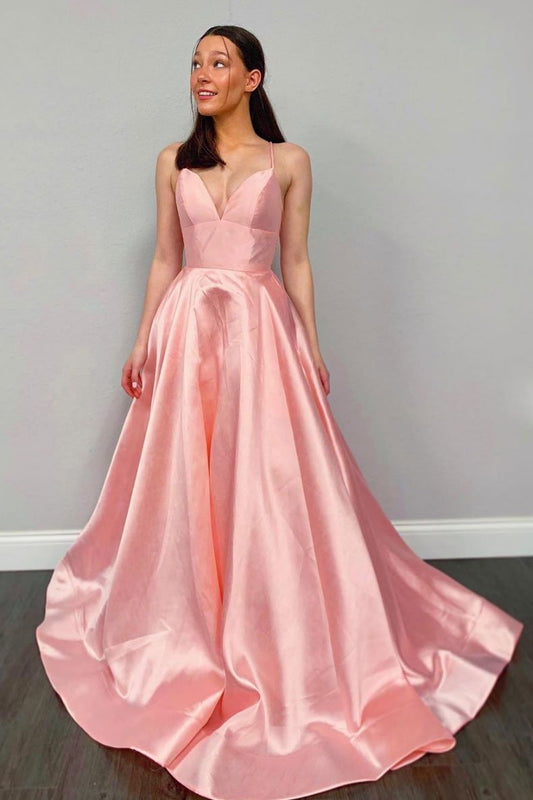 Simple pink v neck satin long prom dress pink evening dress   cg13448