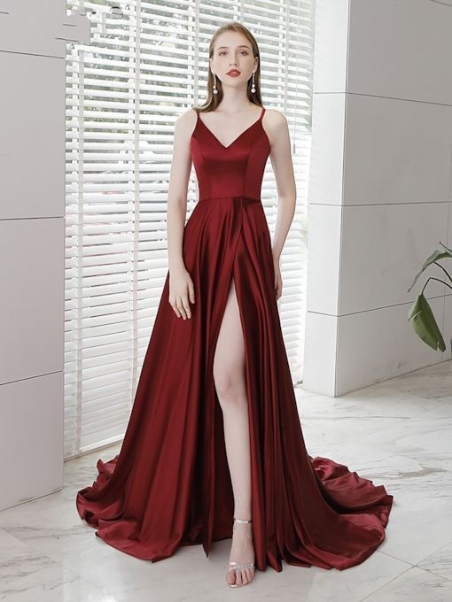 Spaghetti Straps Floor-Length Split-Front Evening Dress 2019 cg1346