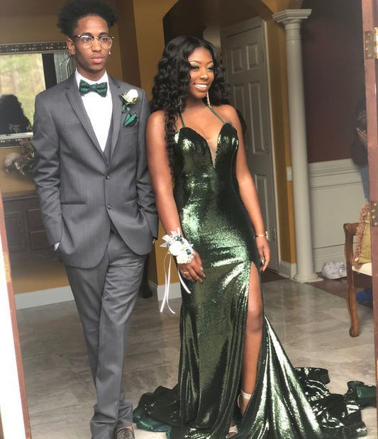 A-line V Neck Long Prom Dress, Green Prom Dress   cg13461