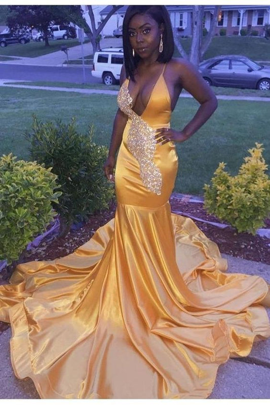 Deep V-neckline Yellow Prom Dresses Beads Bodice   cg13466