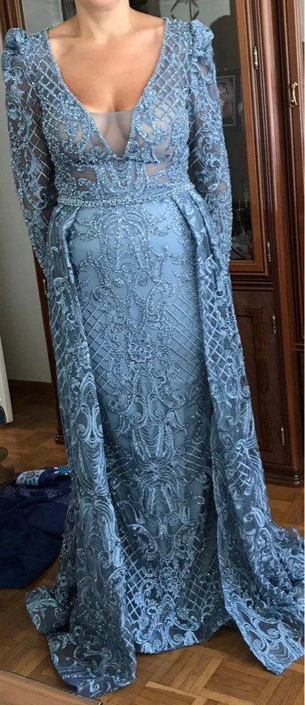 Long Sleeves Mermaid Evening Dresses, Blue Luxury Prom Dress    cg13476