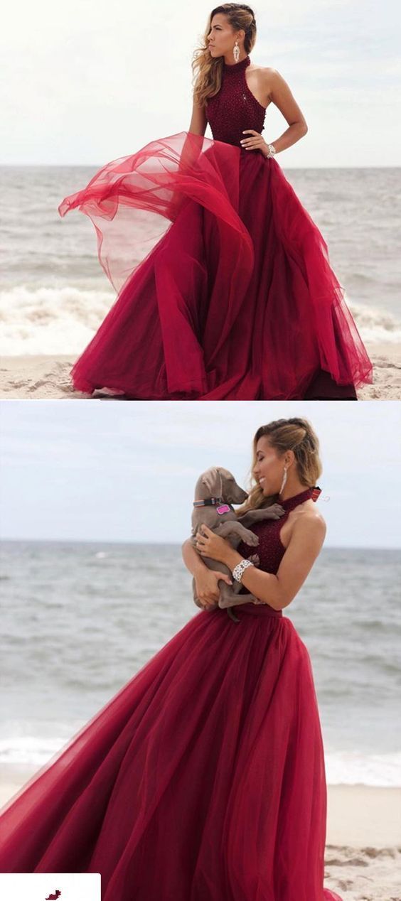 Halter Dark Red Long Tulle Prom Dress Evening Dress   cg13477