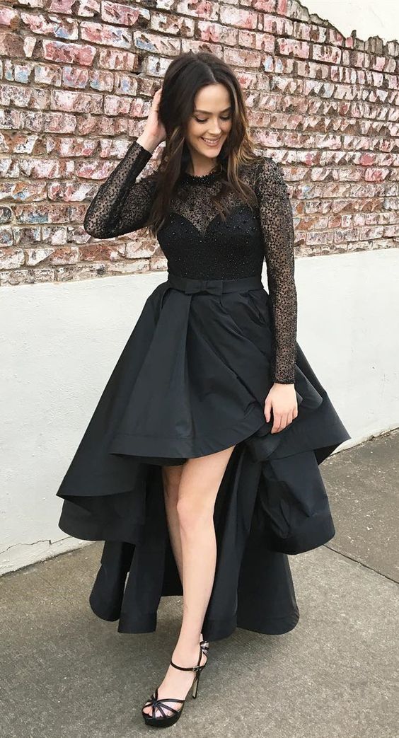 Black Long Prom Dress, Long Sleeves Long Prom Dress, High Low Long Prom Dress    cg13480