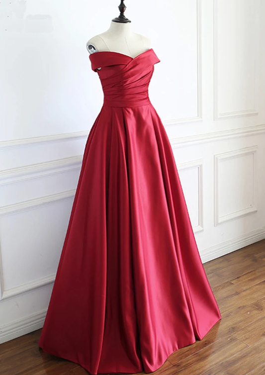 Wine Red Satin Floor Length Party Dress, A-Line Off Shoulder Prom Dress   cg13504