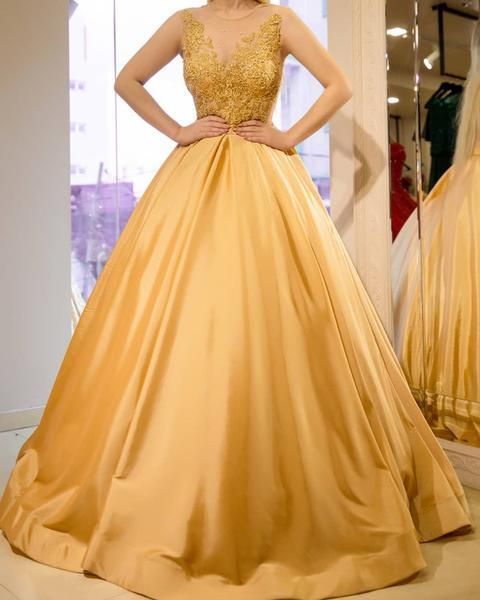 Satin Ball Gowns Prom Dresses Lace Appliques With Sheer Neckline    cg13507