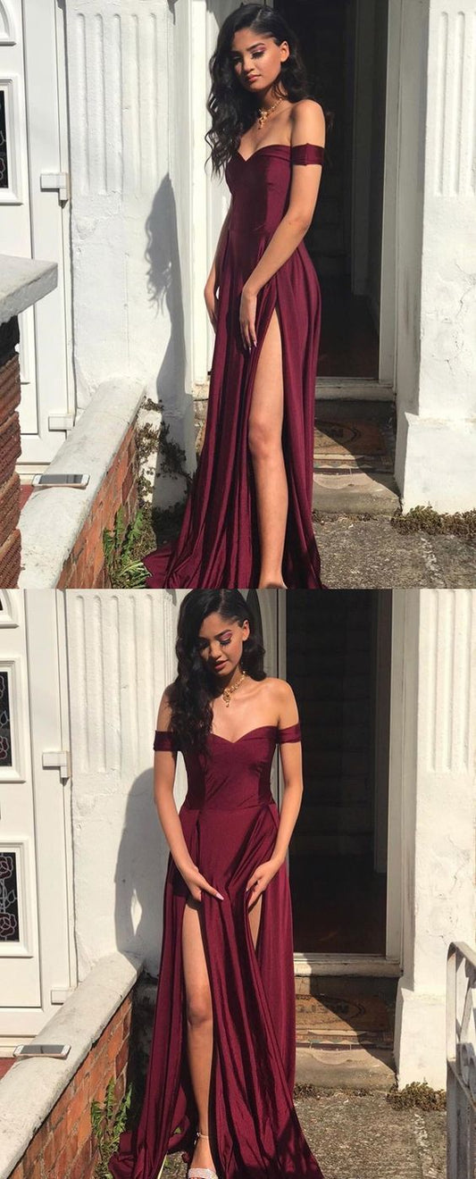 Sexy Off Shoulder Long Satin Evening Formal prom Dresses With Both Slit    cg13509