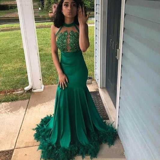 new lace applique feather green sexy mermaid black girl prom dress beautiful evening gown custom   cg13523