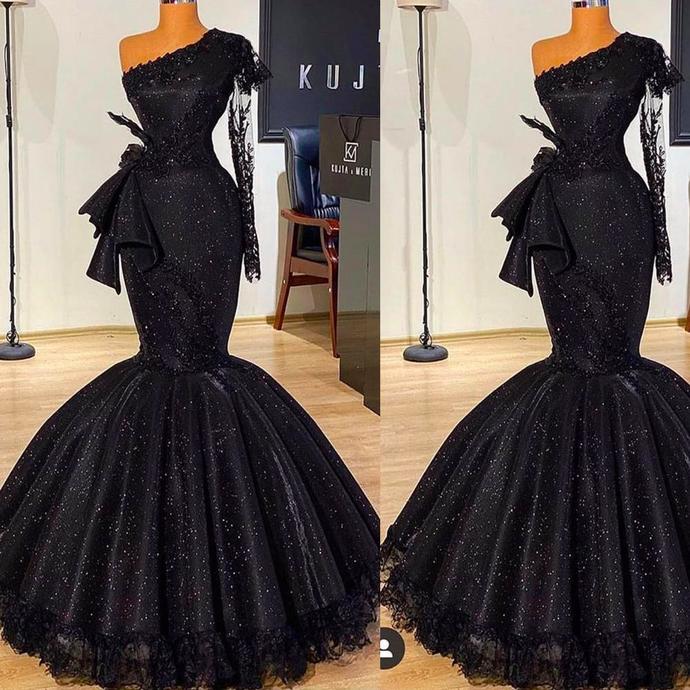 black prom dresses 2020 one shoulder long sleeve lace sequins sparkly bow mermaid long evening dresses gowns   cg13524