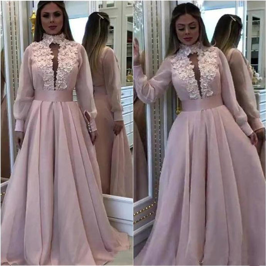 2020 Newest Arabic Dubai Prom Dresses Appliques High Neck Long Sleeves 3D Flower Bead Formal Wear Floor Length Chiffon Evening Gown   cg13525