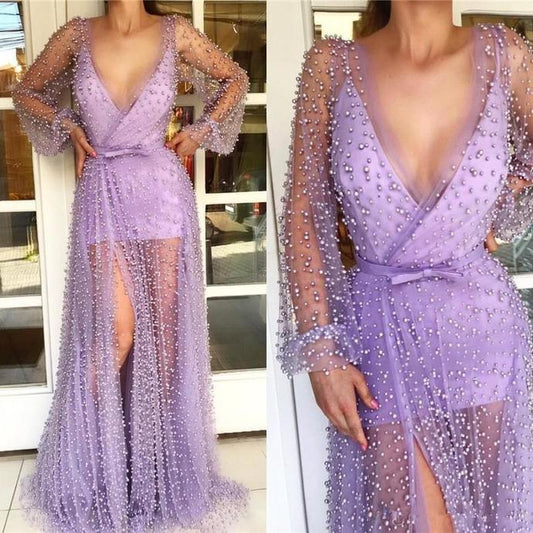 Lavender Pearls Split Side Sexy Prom Dresses 2020 Deep V Neck A Line Full Length Long Sleeves Evening Gowns   cg13526