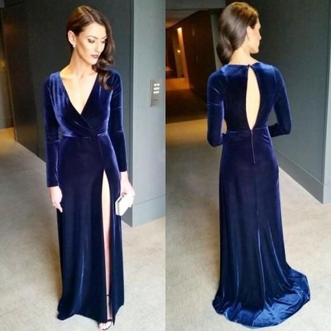 Sexy Keyhole Back Navy Blue High Split Evening Dresses Long Sleeves V Neck Floor Length Velvet Prom Dresses   cg13528