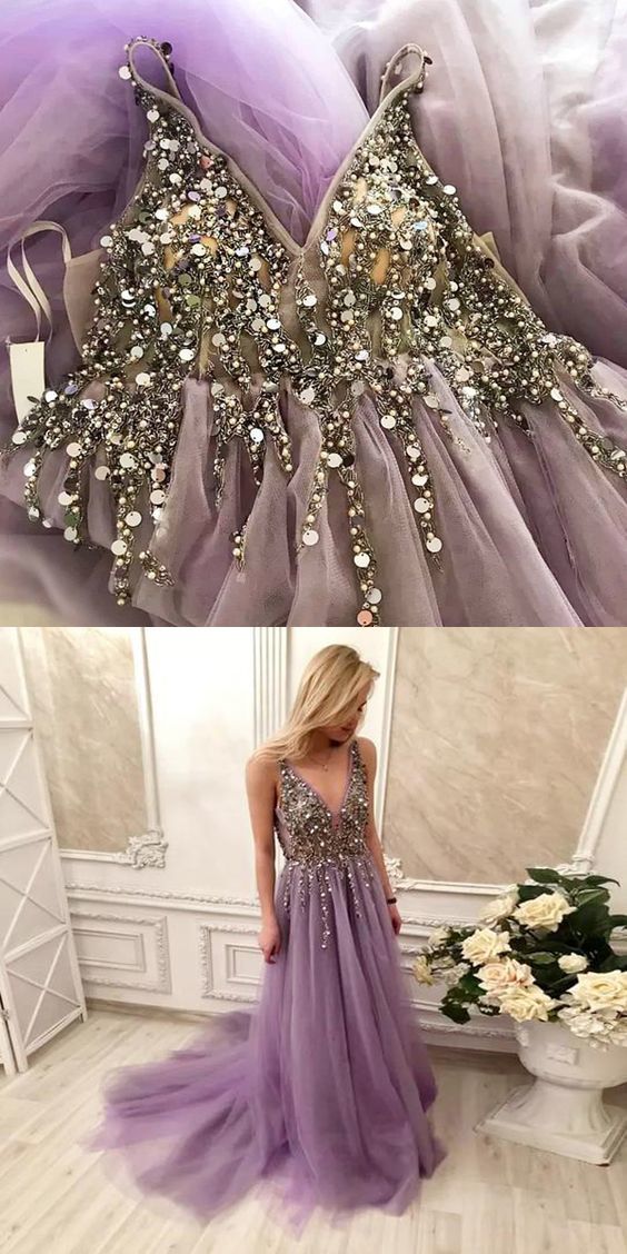 Beaded V Neck Prom Dress Sleeveless Evening Dress For Formal Dance Lavender Open Back    cg13531