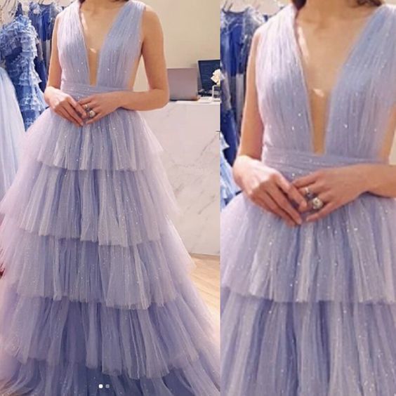 Lavender prom dresses deep v neck pleats a line tiered long tulle long evening dresses   cg13537