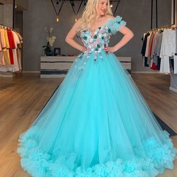 One Shoulder Prom Dresses Blue Ruffle One Shoulder Hand Made Flowers Tulle Ball Gown Evening Dresses    cg13538