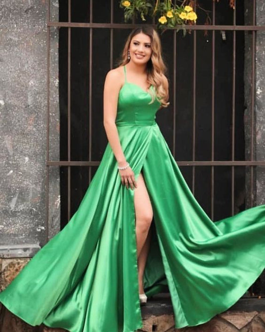 Green Prom Dress,A-Line Evening Dresses,Satin Prom Dresses,Spaghetti Straps Prom Gown   cg13540