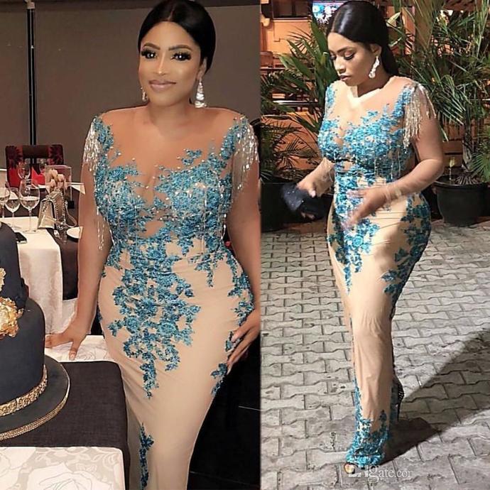 Prom Dresses with Tassel 2020 Plus Size African Nigerian Lace Sequins Sheath Sheer Neck Long Sleeves Evening Party Wear   cg13542