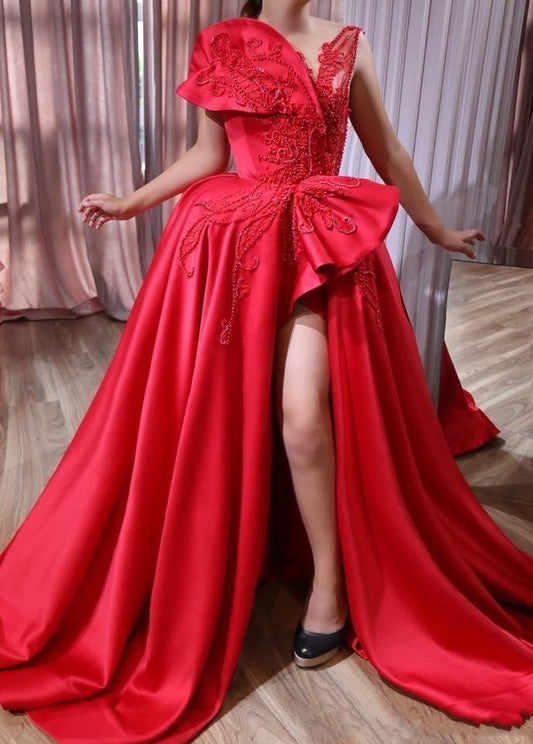 African Red Sexy Evening Dresses Beaded Sheer V Neck High Side Split Prom Dress Floor Length Satin Formal Party Gowns   cg13543