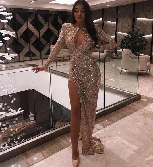 Sexy Long Sleeve Mermaid Evening Dresses 2020 Sequined High Split Evening Gowns Formal Wear Prom Dress   cg13545