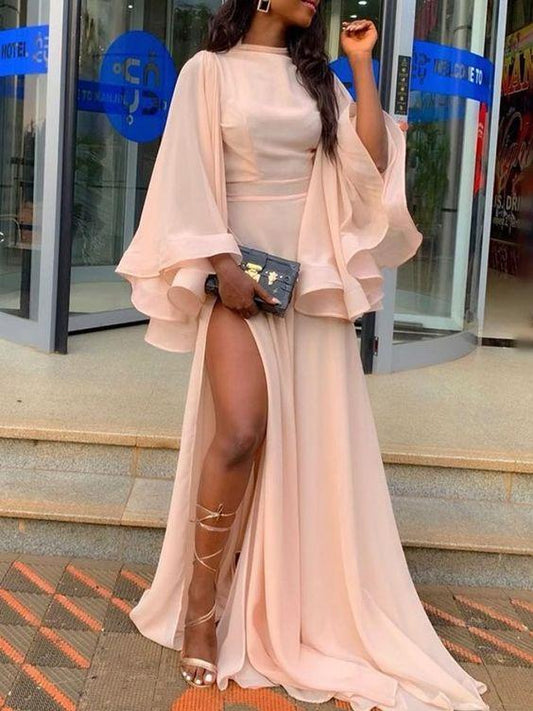 chiffon prom dresses 2020 crew neck long sleeve side slit pink floor length evening dresses gowns   cg13547