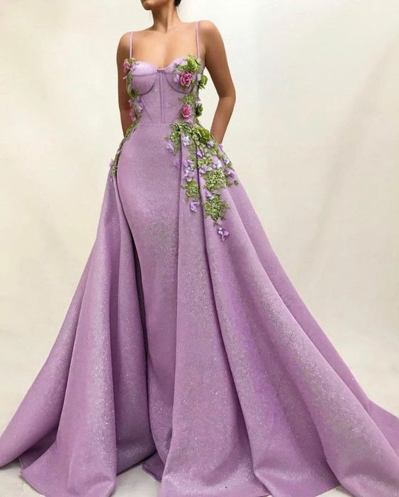 Lilac Glitter Flowers Prom Dresses 2021 Spaghetti Straps Sweetheart Formal Evening Party Dress   cg13559