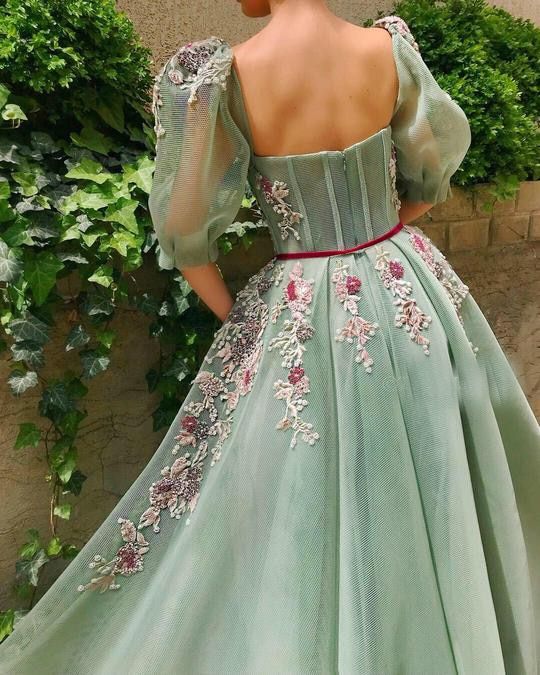 Elegant Mint green Puff Sleeve Evening prom Dress with Slit    cg13560