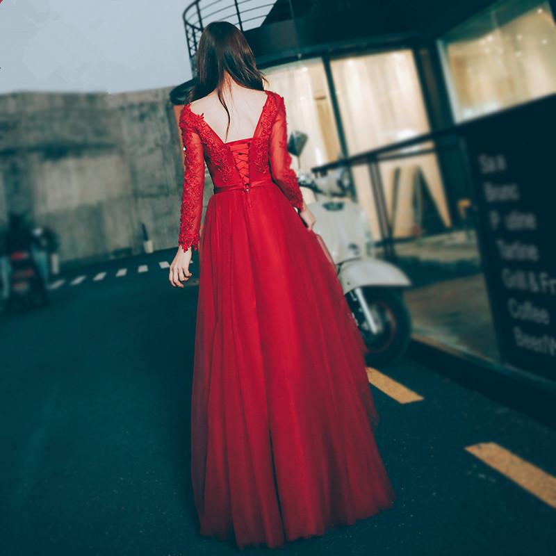 Beautiful Wine Red Long Sleeves Tulle Party prom Dress, Red Long Formal Gown   cg13564