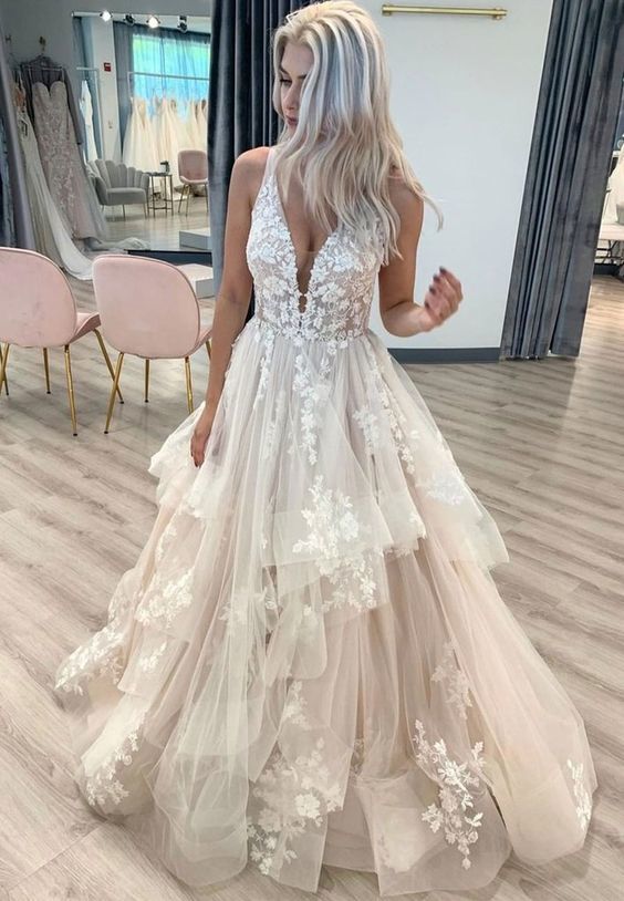 Elegant v neck lace long prom dress, evening dress   cg13574