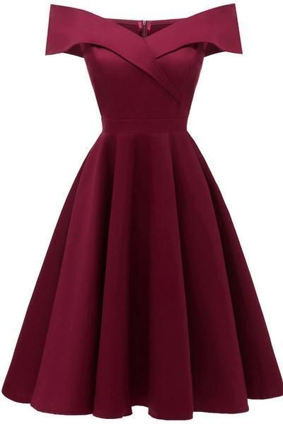 Burgundy Off-the-shoulder Satin A-line Prom Dress  cg1358