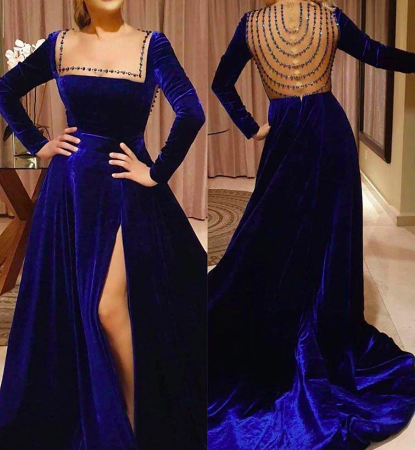 royal blue prom dresses 2020 square neckline beading crystal rhinestone velvet side slit evening dresses   cg13590