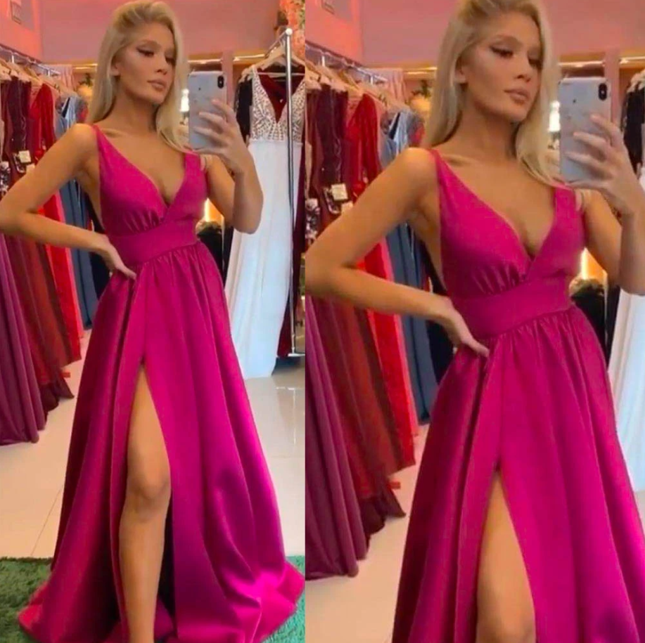 red prom dresses 2020 deep v neck side slit a line satin floor length evening dresses arabic formal dress   cg13591