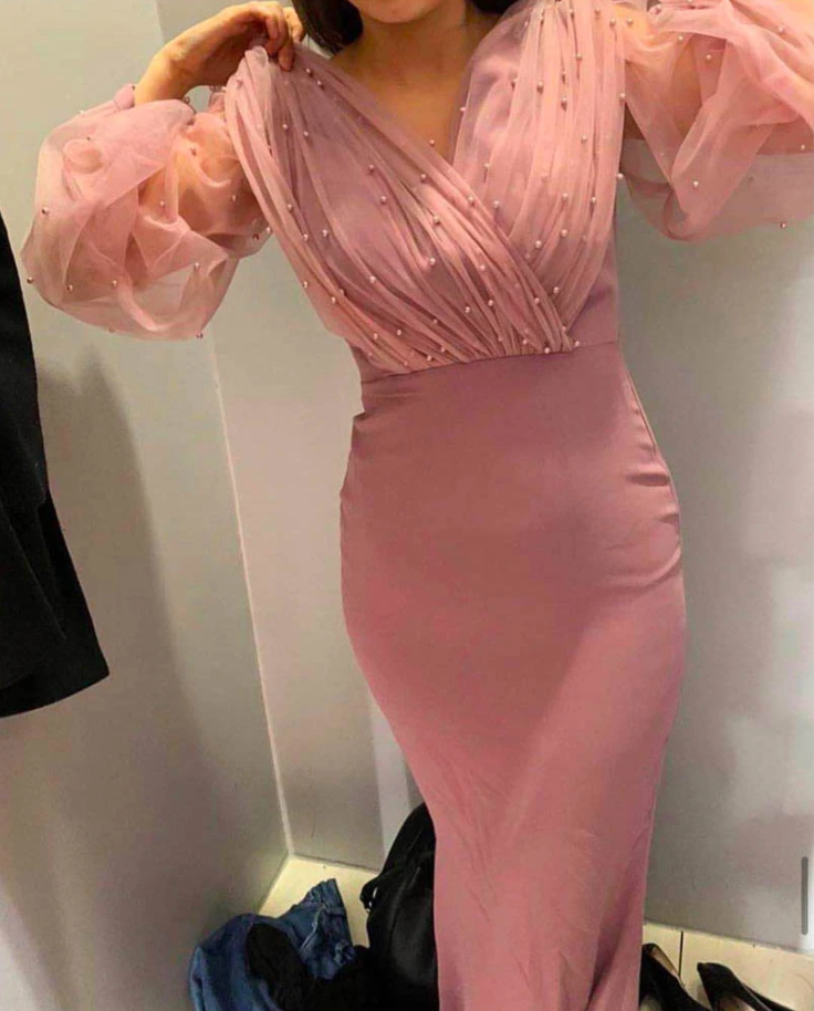 pink prom dresses 2020 v neck pearls long sleeve mermaid satin evening dresses formal dresses   cg13594