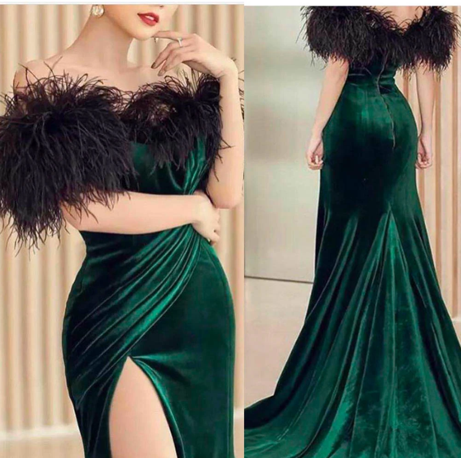 green prom dresses 2020 off the shoulder feather side slit pleats velvet evening dresses women dresses   cg13595