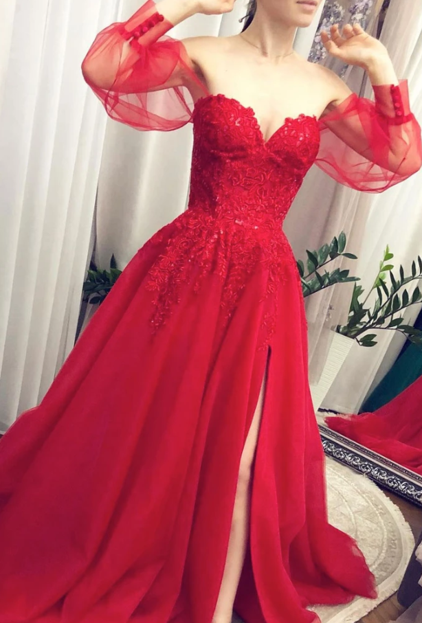 RED TULLE LACE LONG PROM DRESS RED TULLE EVENING DRESS   cg13606