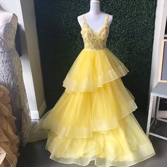 Princess V Neck Yellow Long Party prom Dress   cg13609