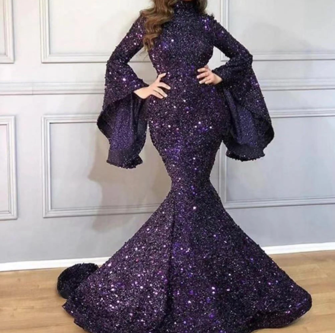 purple prom dresses 2020 high neck sequins mermaid long sleeve sparkly sequins evening dresses   cg13612