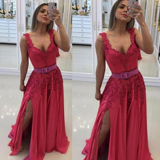 vestidos de fiesta prom dresses v neck lace appliques pearls belt evening dress side slit sexy formal dresses   cg13613