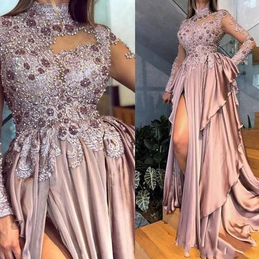 Arabic High Neck Evening Dresses Illusion Long Sleeves Prom Dress With Beads Sequins Appliques Side Split Plus Size Party Gown   cg13614