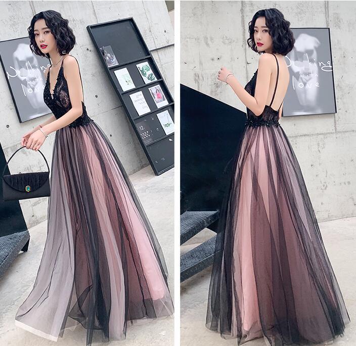 Fashionable Pink And Black Tulle V-Neckline Party prom Dress, Pink Lace Applique Evening Gown   cg13634