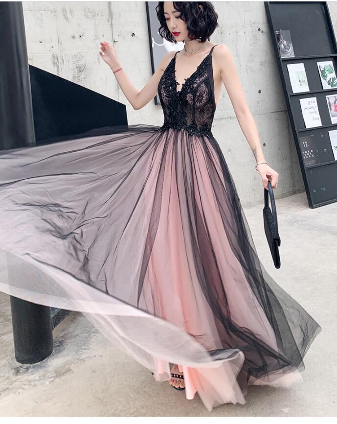 Fashionable Pink And Black Tulle V-Neckline Party prom Dress, Pink Lace Applique Evening Gown   cg13634