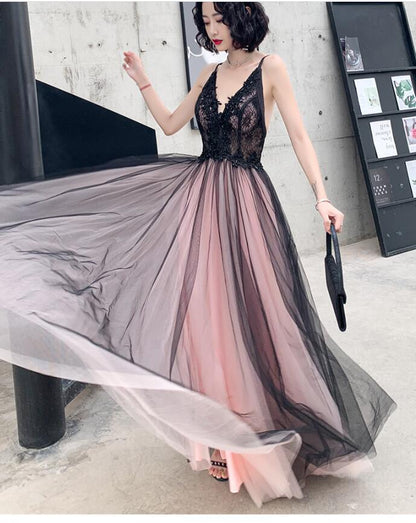 Fashionable Pink And Black Tulle V-Neckline Party prom Dress, Pink Lace Applique Evening Gown   cg13634