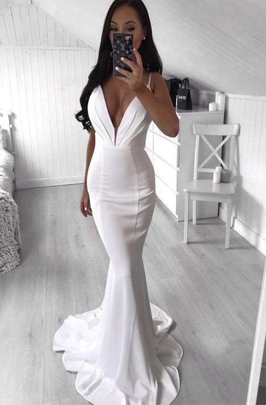 White v neck spaghetti straps long prom dress mermaid evening dress   cg13637