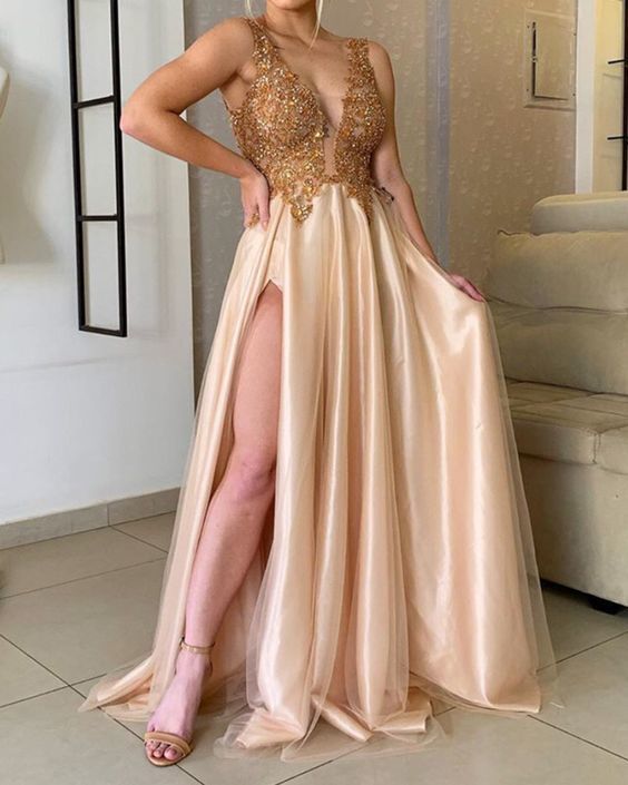 Elegant Tulle Prom Dresses Lace Beaded Leg Split   cg13640