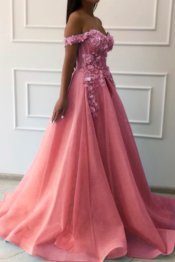 Elegant pink tulle prom dresses lace emboridery off the shoulder    cg13641