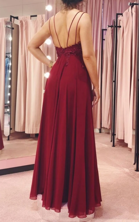 V Neck Backless Burgundy Lace Long Prom Dress, Backless Burgundy Lace Formal Dress   cg13643