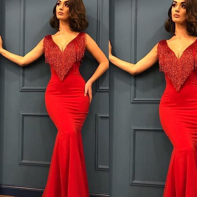 red prom dresses 2020 tassel mermaid satin deep v neck beading red evening dresses formal dress   cg13646