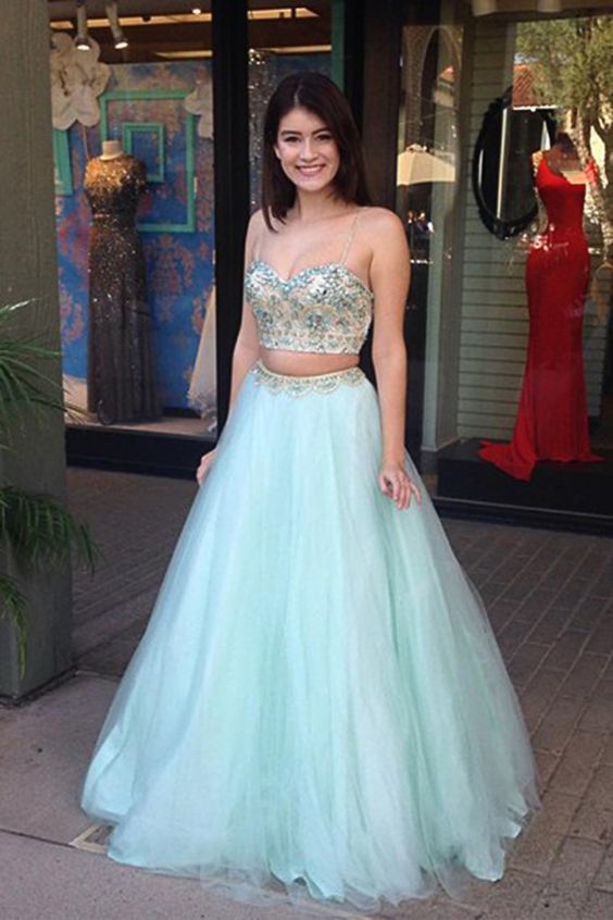 Mint Tulle Two Piece Spaghetti Straps Floor Length Prom Dress with Beading   cg13672