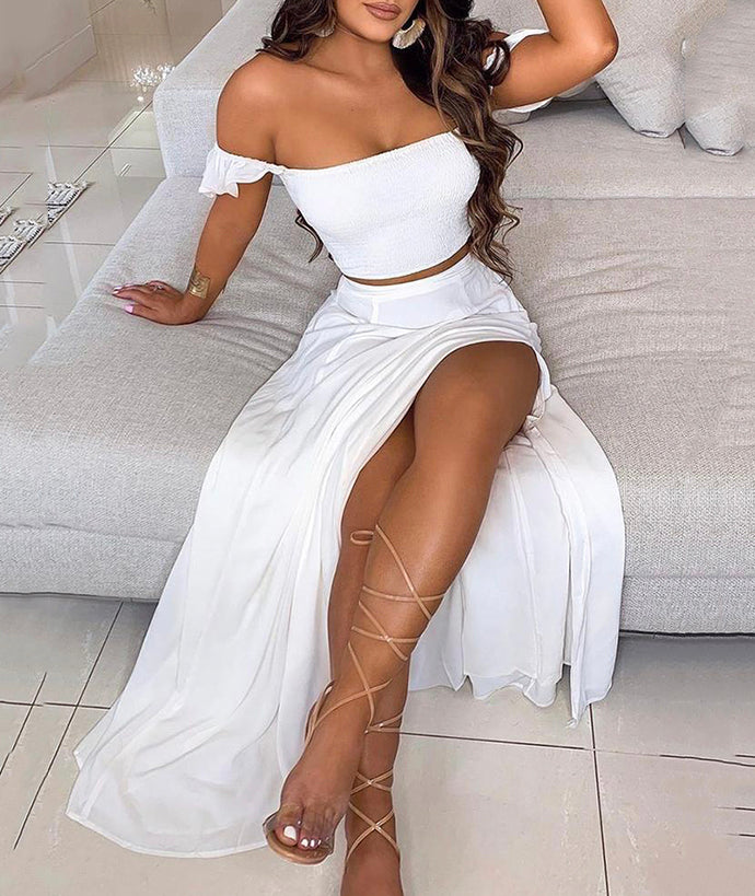 WHITE TWO PIECES PROM DRESS WHITE CHIFFON EVENING DRESS    cg13676