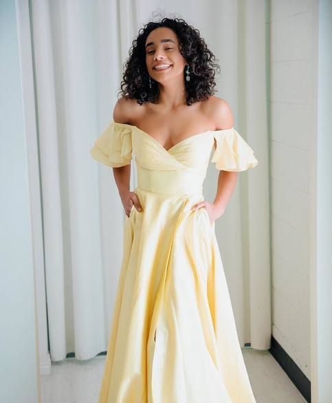 PROM DRESS Princess Off the Shoulder Yellow Party Dress with Slit    cg13678