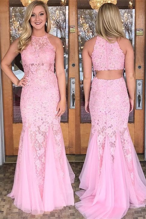 Mermaid Pink Lace Long Formal Evening prom Dress cg13682