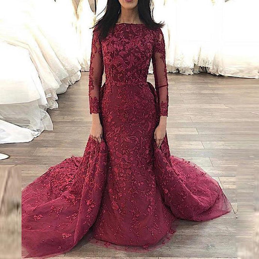 Arabic Long Sleeves Mermaid Lace Evening Dresses 2020 with Detachable Train Appliques Jewel Neck Formal Prom Party Gowns   cg13686